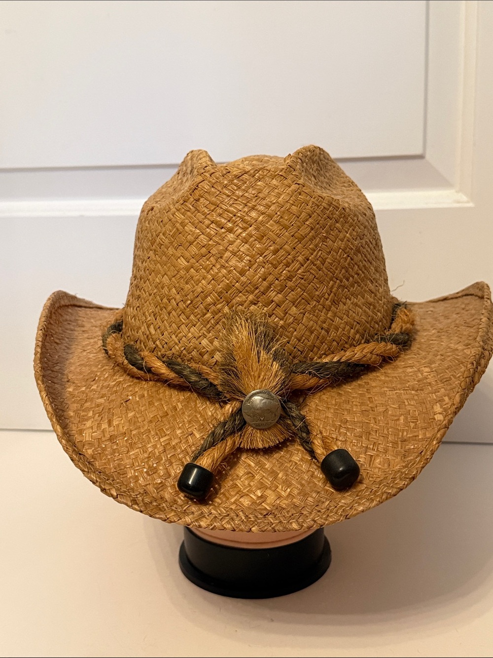 SHADY BRADY Men's raffia cowboy Hat Brown braid & buffalo nickel accent sz L